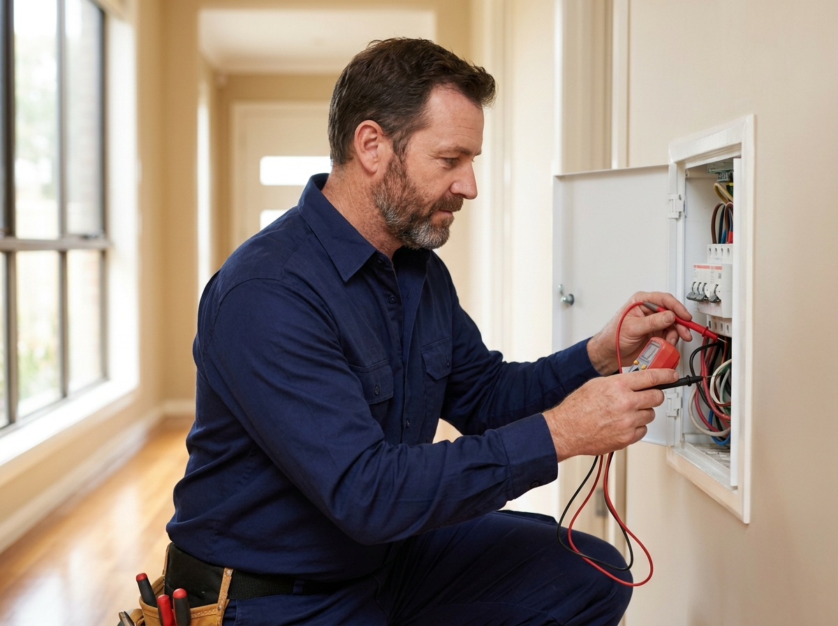 Electrician testing a switchboard with a multimeter